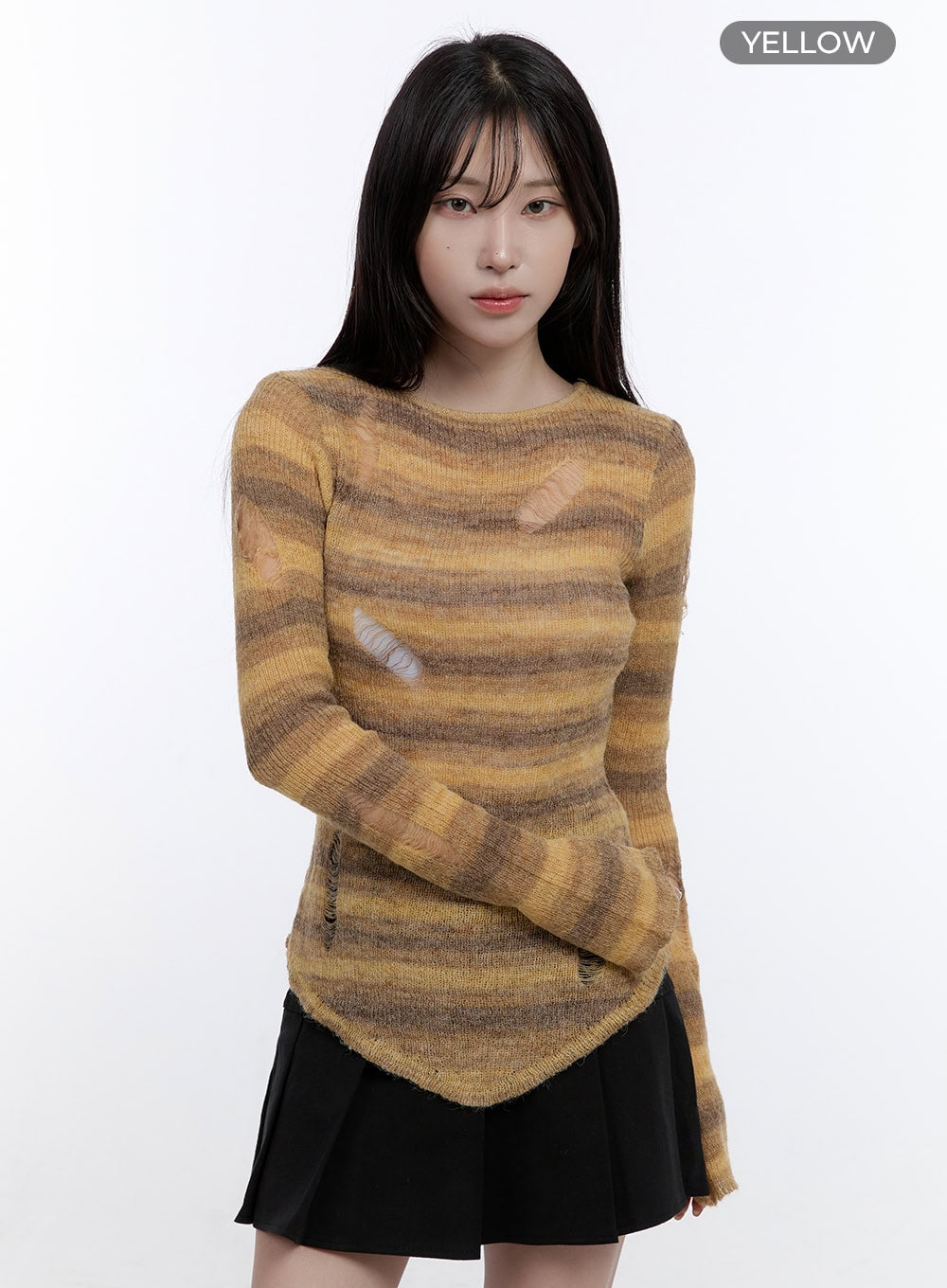 stripe-destroyed-long-sleeve-knit-top-co419 / Yellow