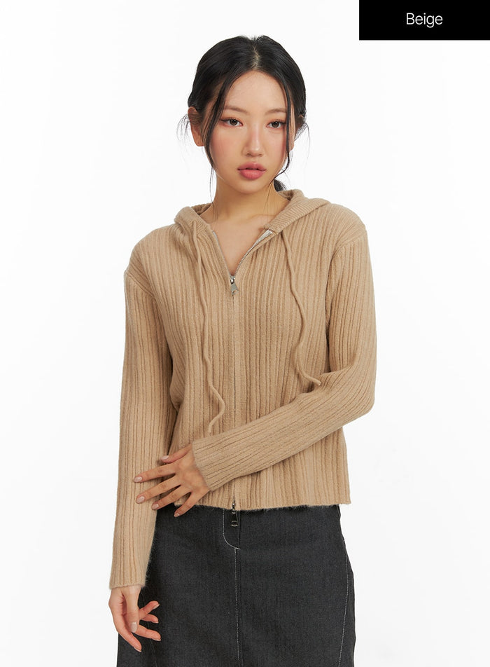 hooded-zip-up-knit-sweater-cf408 / Beige