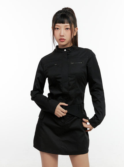 half-zip-up-belt-mini-dress-cn404 / Black