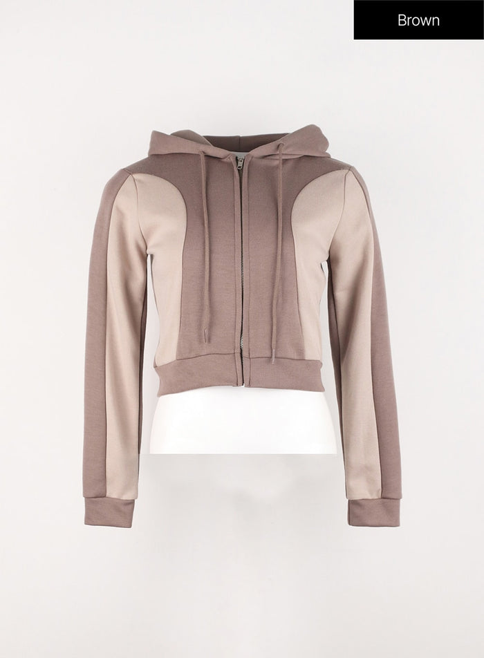 color-block-zip-up-sweat-hoodie-in302 / Brown
