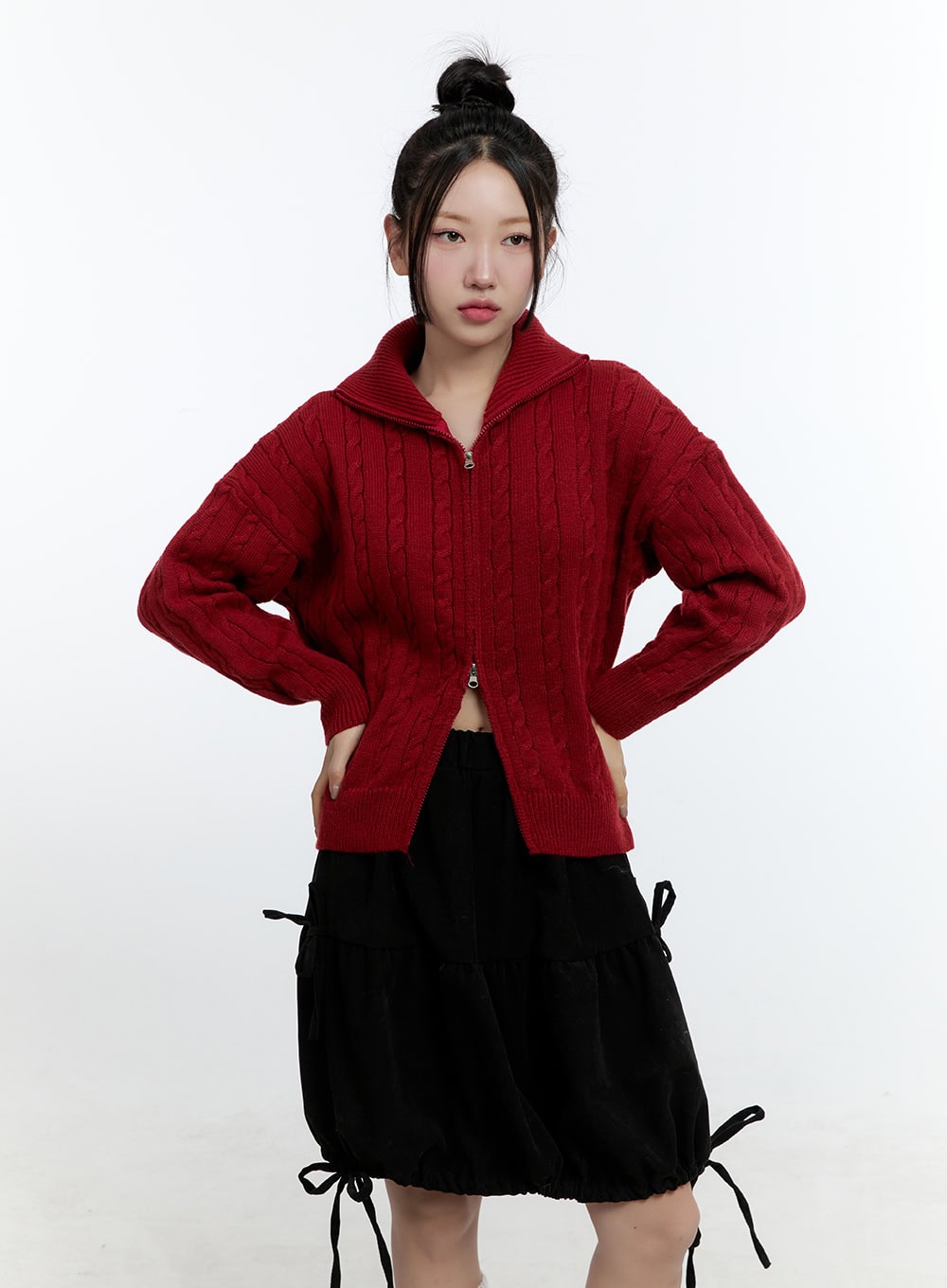 cable-knit-zip-up-cardigan-cd420 / Dark red