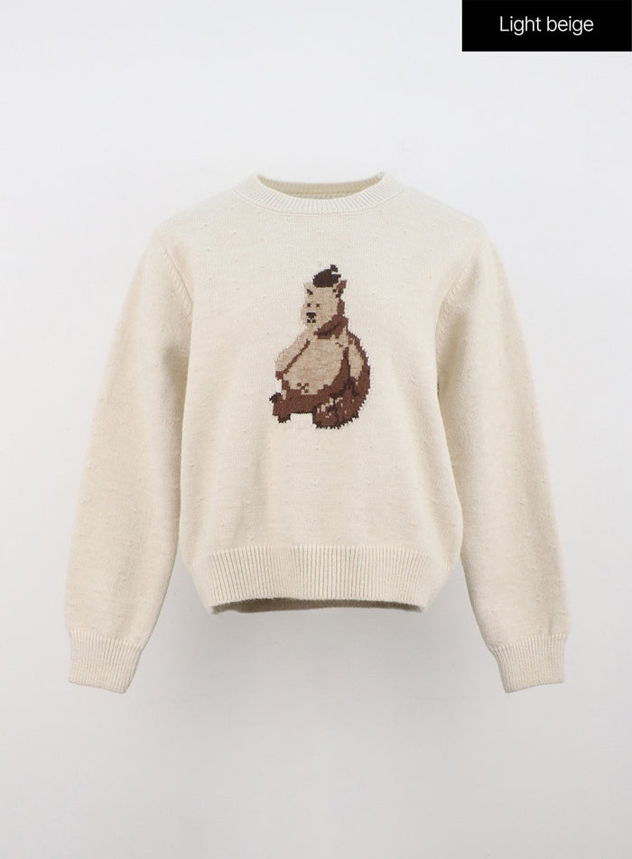 bear-graphic-round-neck-sweater-on316 / Light beige