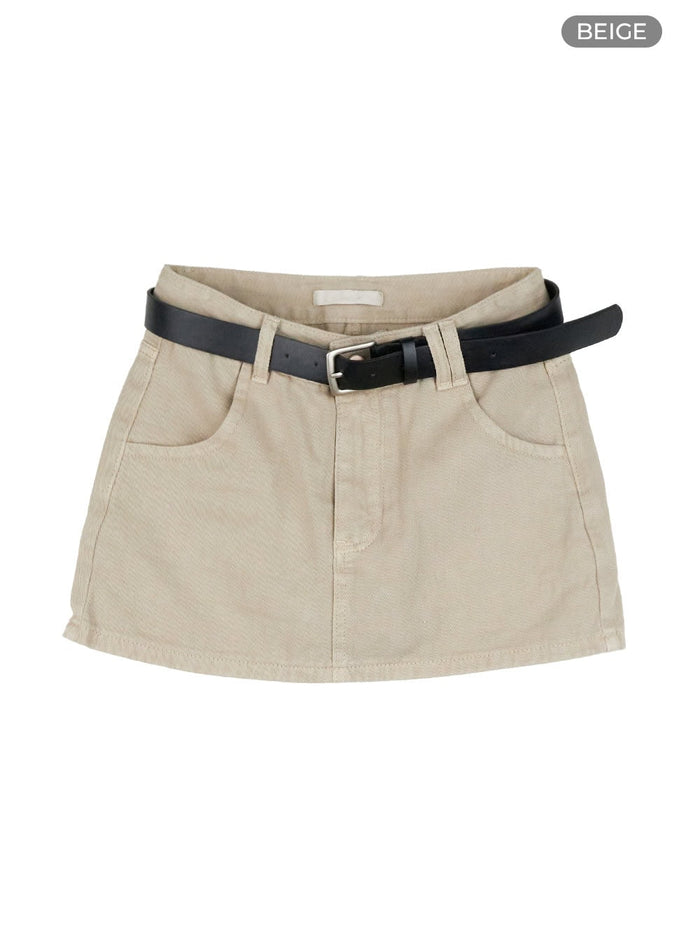 belted-solid-mini-skirt-ou428 / Beige