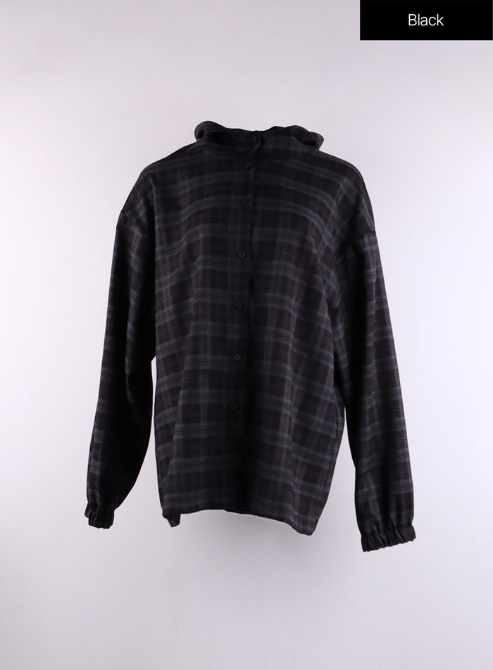 checkered-buttoned-hooded-shirt-cf407 / Black