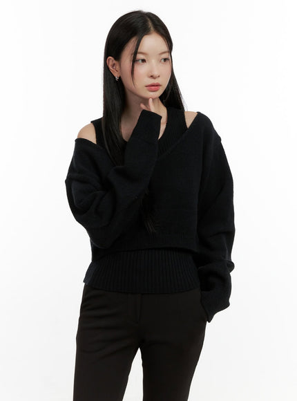 v-neck-cropped-sweater-on408 / Black