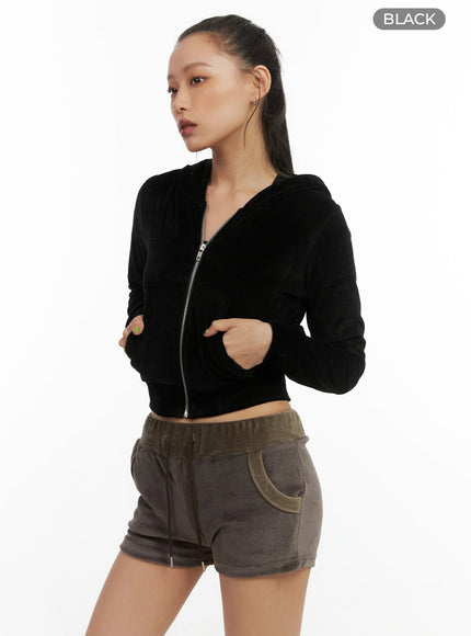 solid-velvet-crop-hoodie-co424 / Black