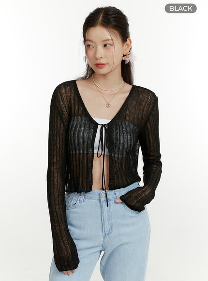 drawstring-v-neck-sheer-cardigan-ou419 / Black