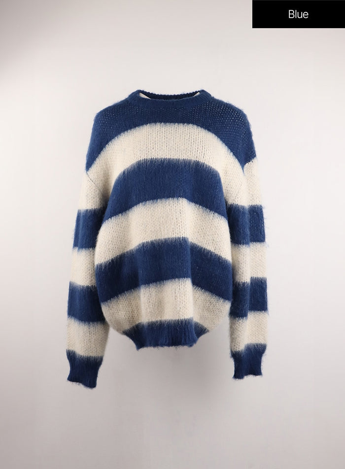 wool-blend-stripe-contrasting-knitted-long-sleeve-top-cj415 / Blue