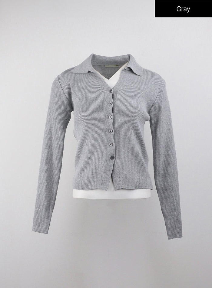 knit-collar-solid-button-cardigan-oj415 / Gray