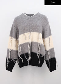 v-neck-tassel-stripe-sweater-co330 / Gray