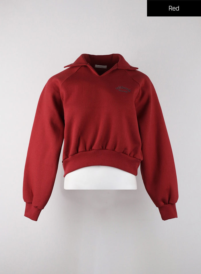 california-graphic-lettering-solid-collar-cropped-sweatshirt-oj302 / Red