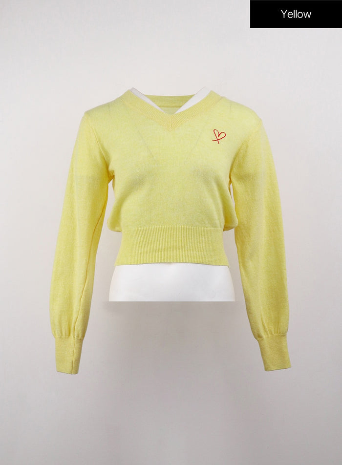 heart-embroidered-v-neck-crop-sweater-oj416 / Yellow