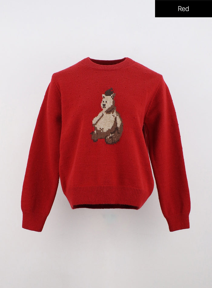bear-graphic-round-neck-sweater-on316 / Red