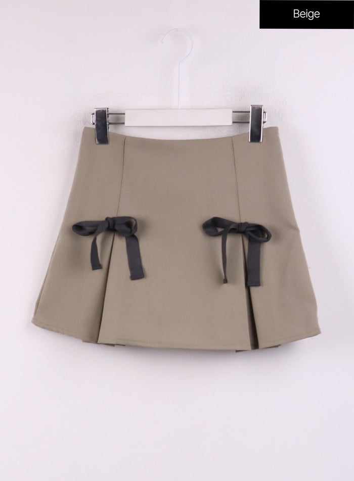 ribbon-pleated-mini-skirt-cj429 / Beige
