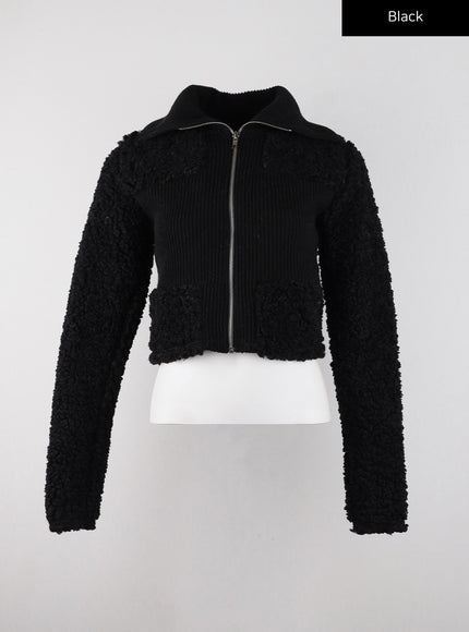 hooded-patchwork-faux-fur-zipper-cardigan-cd322 / Black