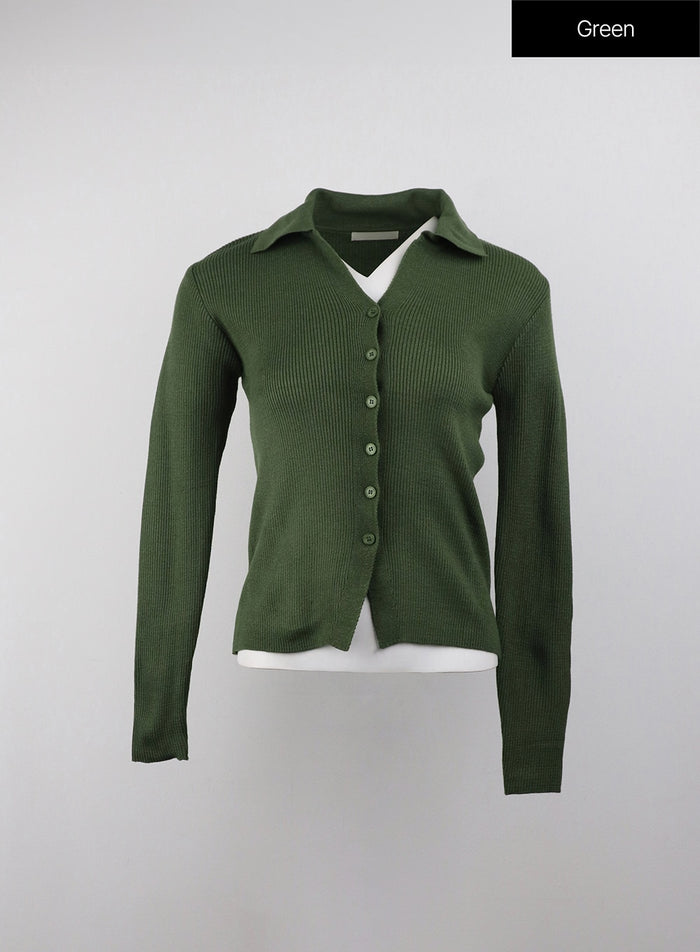knit-collar-solid-button-cardigan-oj415 / Green