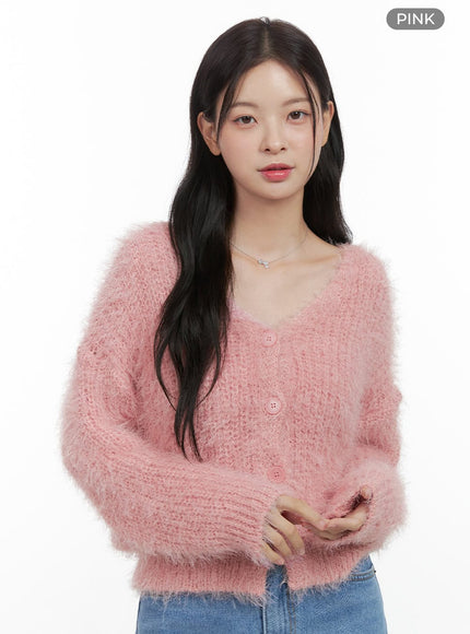 v-neck-boucle-knit-cardigan-os423 / Pink