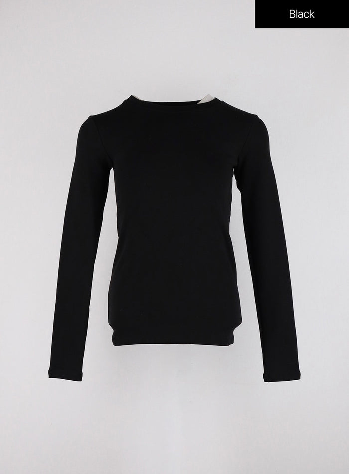 round-neckline-solid-long-sleeve-tee-od326 / Black