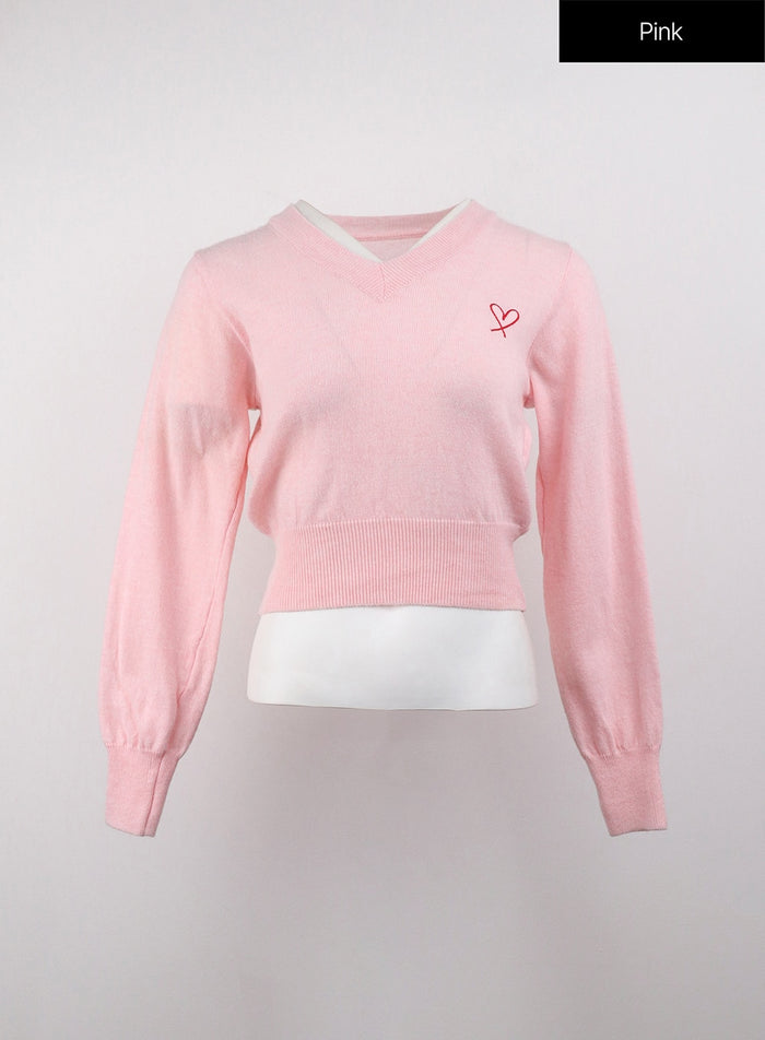 heart-embroidered-v-neck-crop-sweater-oj416 / Pink