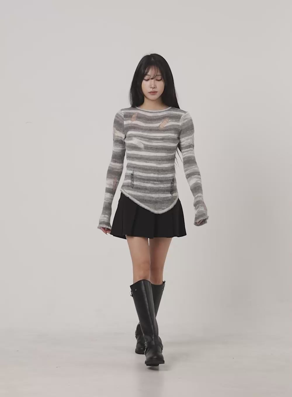 Stripe Destroyed Long Sleeve Knit Top CO419