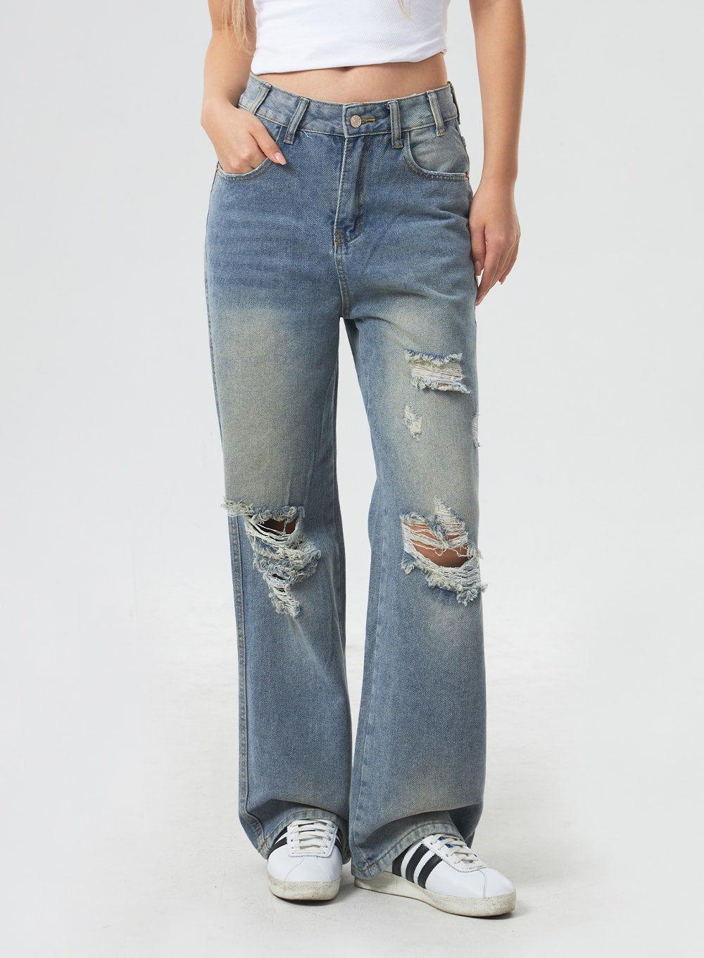 Low Rise Ripped Wide Jeans CA303