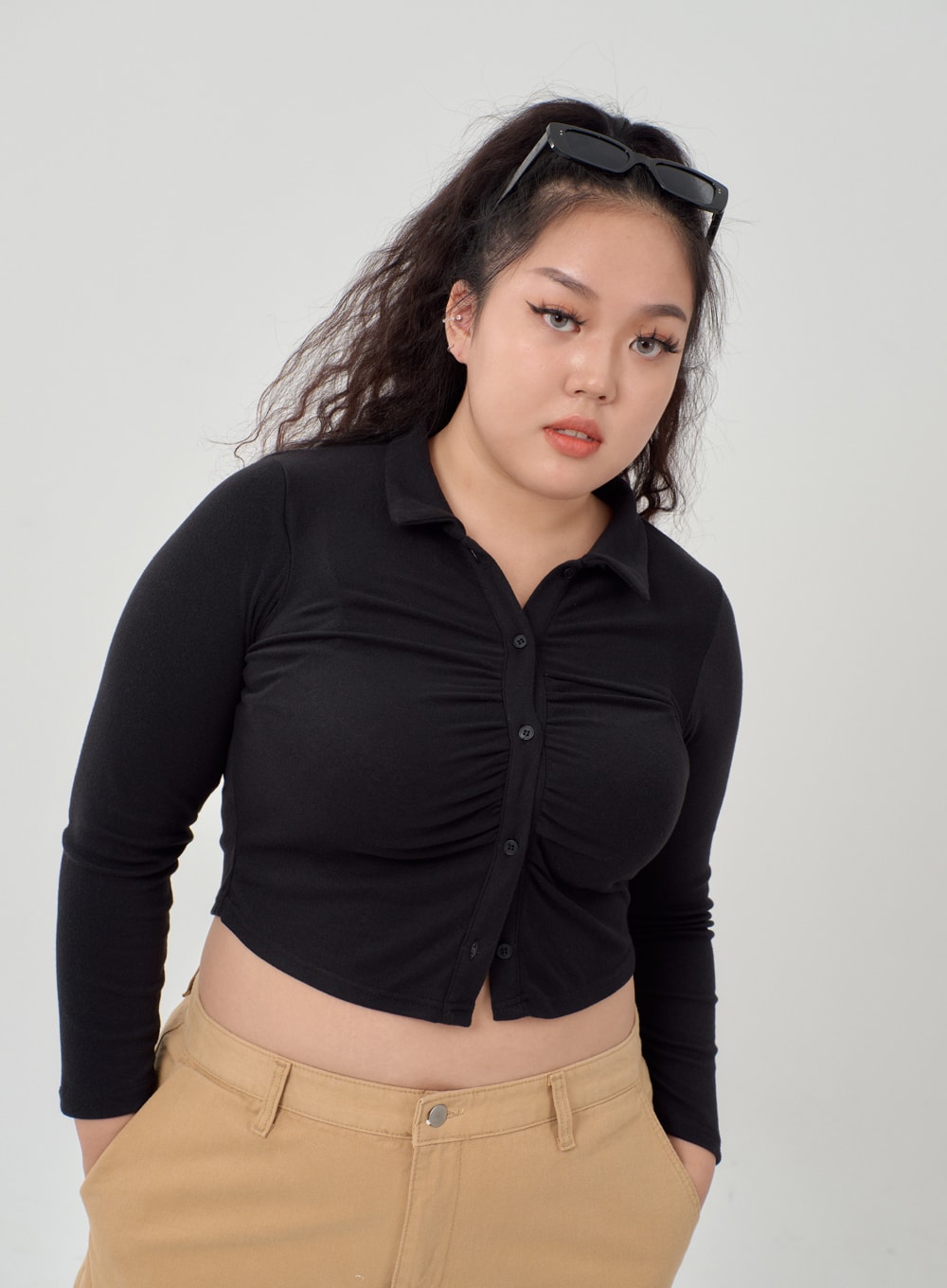Plus Ruffle Bust Button Cropped Top ID20