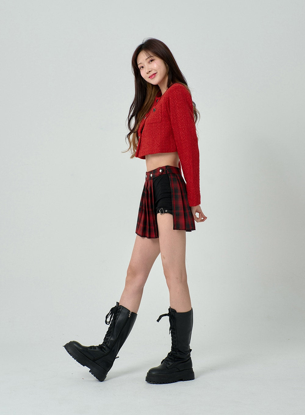 Layered Plaid Pleated Mini Skirt And Short Pants BN22