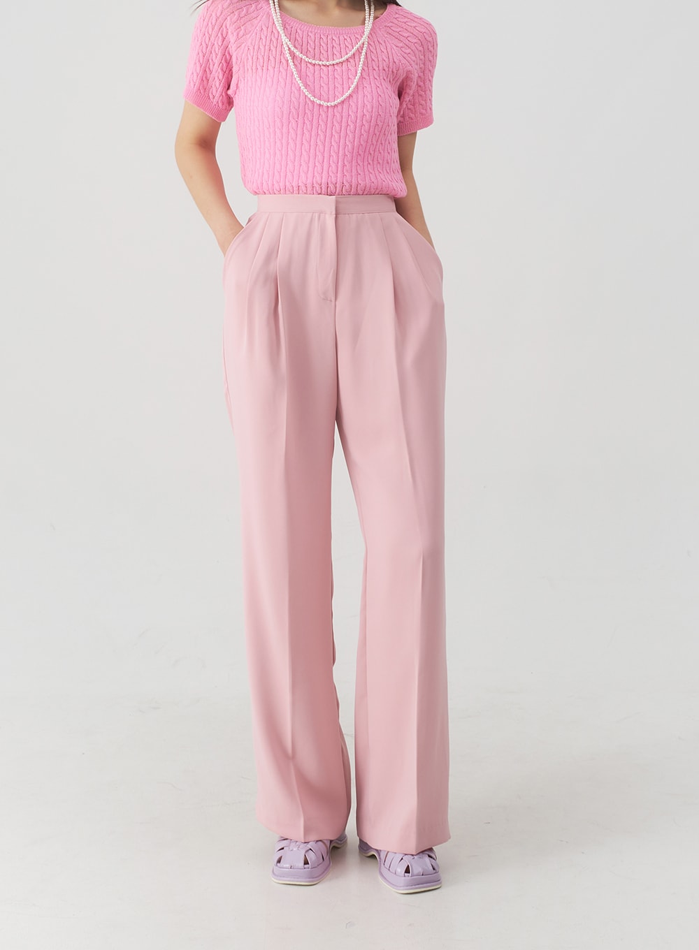 Banded Pintuck Wide Leg Tailored Pants OY26