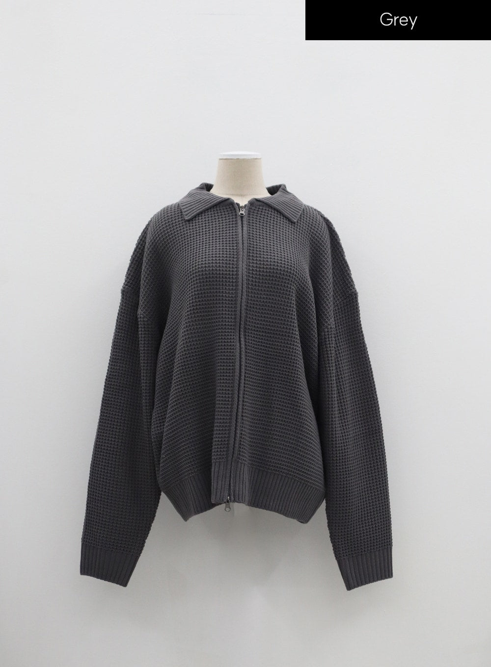 Plus Waffle Pattern Collared Two Way Zip-Up Knit