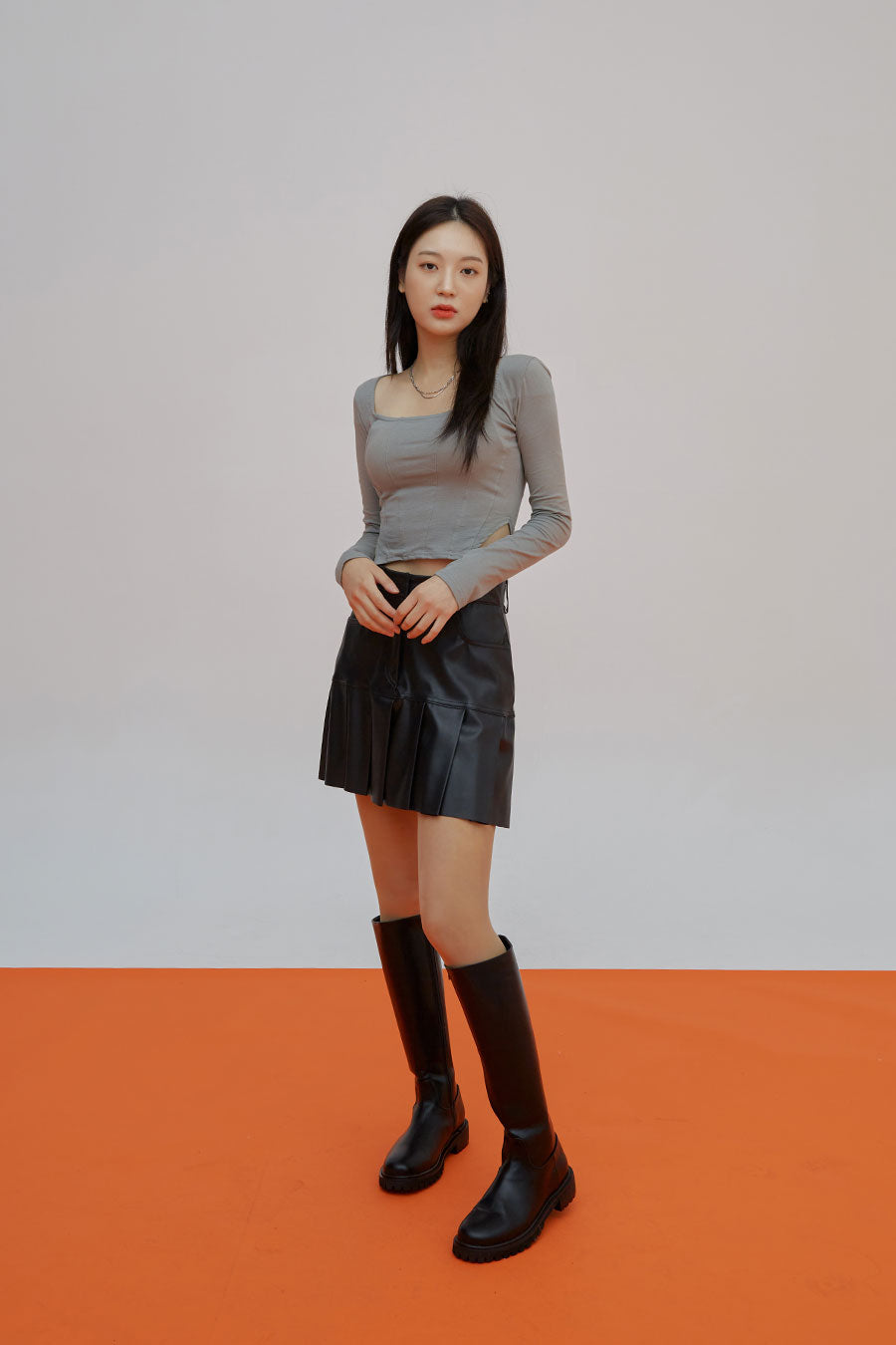 Square Neck Long Sleeve Crop Top J23